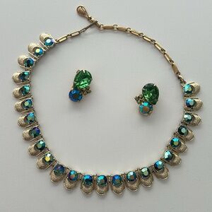 Vintage 1950s Coro Aurora Borealis AB Crystal Earrings and Necklace Set
